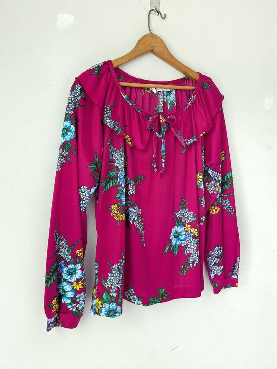 1970s vintage bright floral print ruffle peter pan collar blouse - Picture 2 of 6